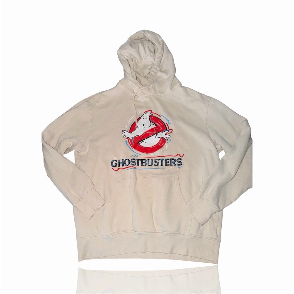H&M Ghostbusters Hoodie Mens Large Beige Graphic Logo Pullover